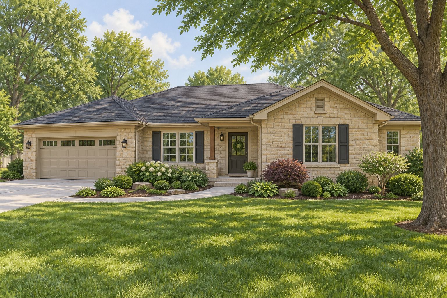 Illustrative sandstone-colored ranch home with a charcoal roof and landscaped path; not a customer property photograph. Illustrative sandstone-colored ranch home with a charcoal roof and landscaped path; not a customer property photograph.