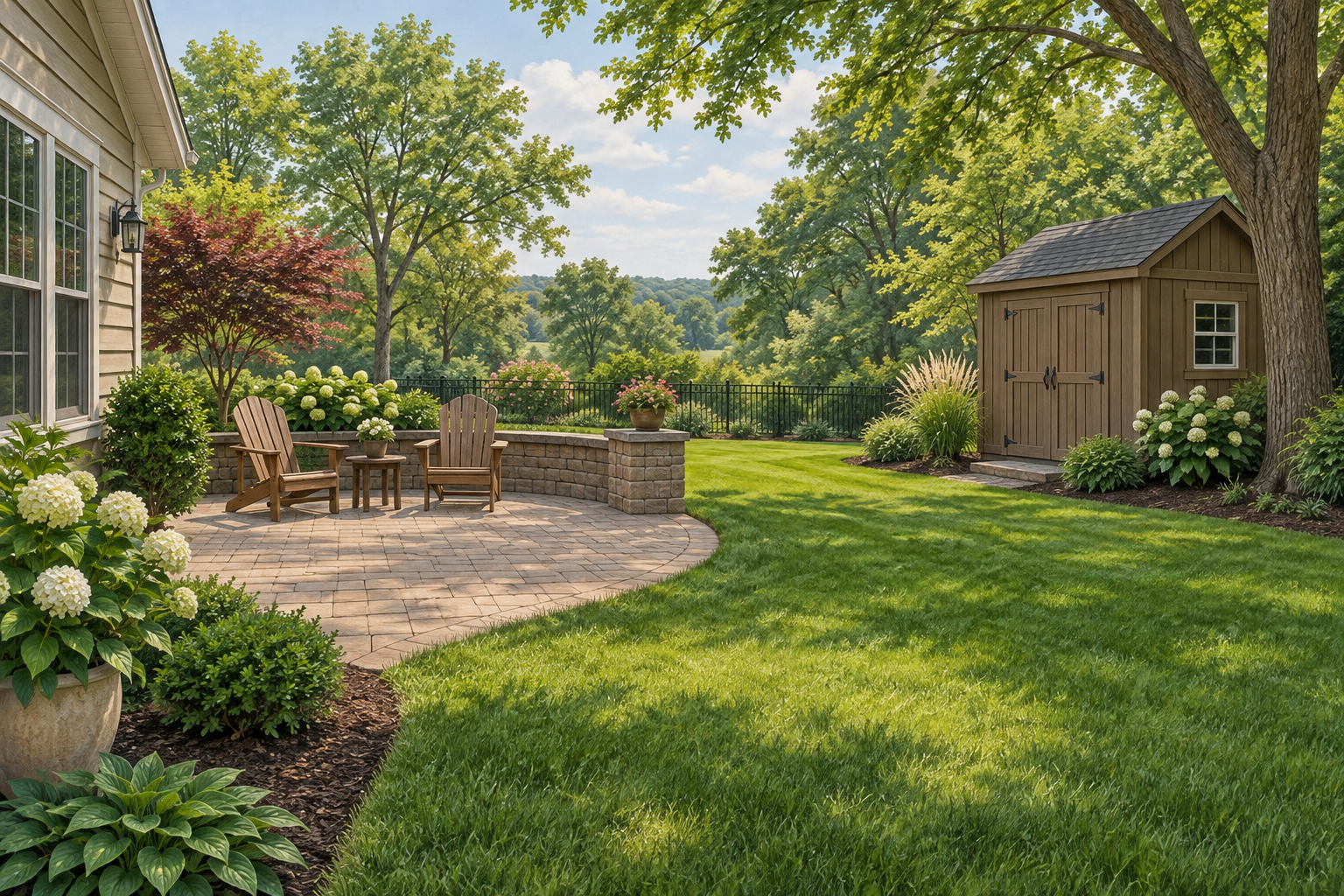Illustrative backyard with a paver patio, two wooden chairs and brown garden shed; not a customer property photograph. Illustrative backyard with a paver patio, two wooden chairs and brown garden shed; not a customer property photograph.