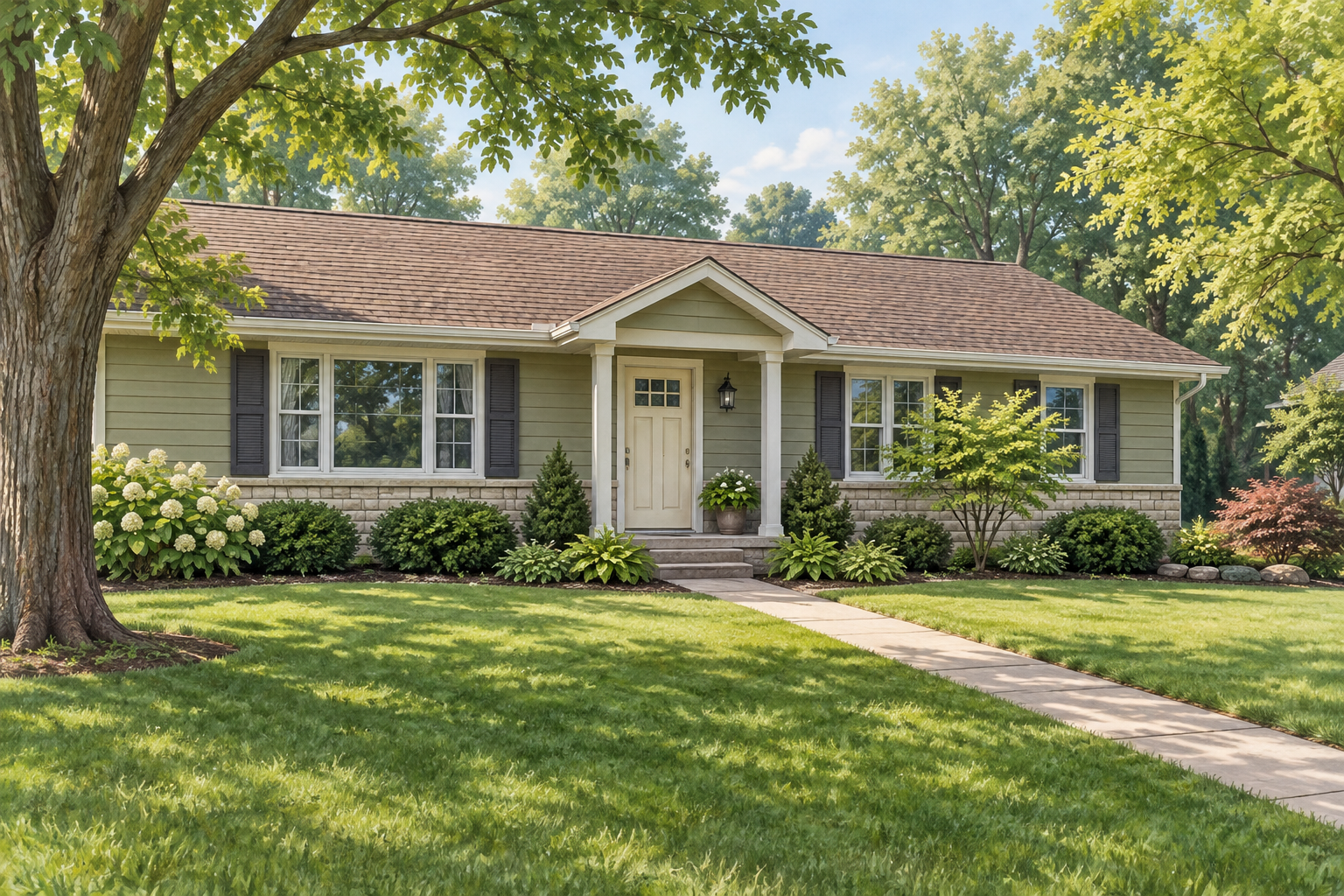 Illustrative soft-green ranch home with a cream door, brown roof and front path; not a customer property photograph.