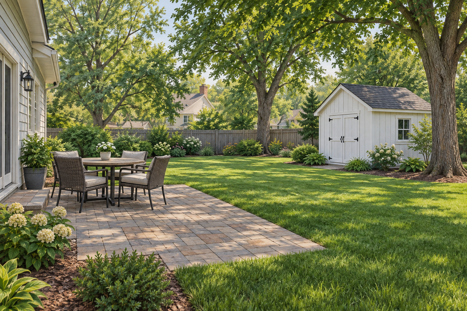 Illustrative backyard with a square paver patio, small table with chairs and white shed; not a customer property photograph.