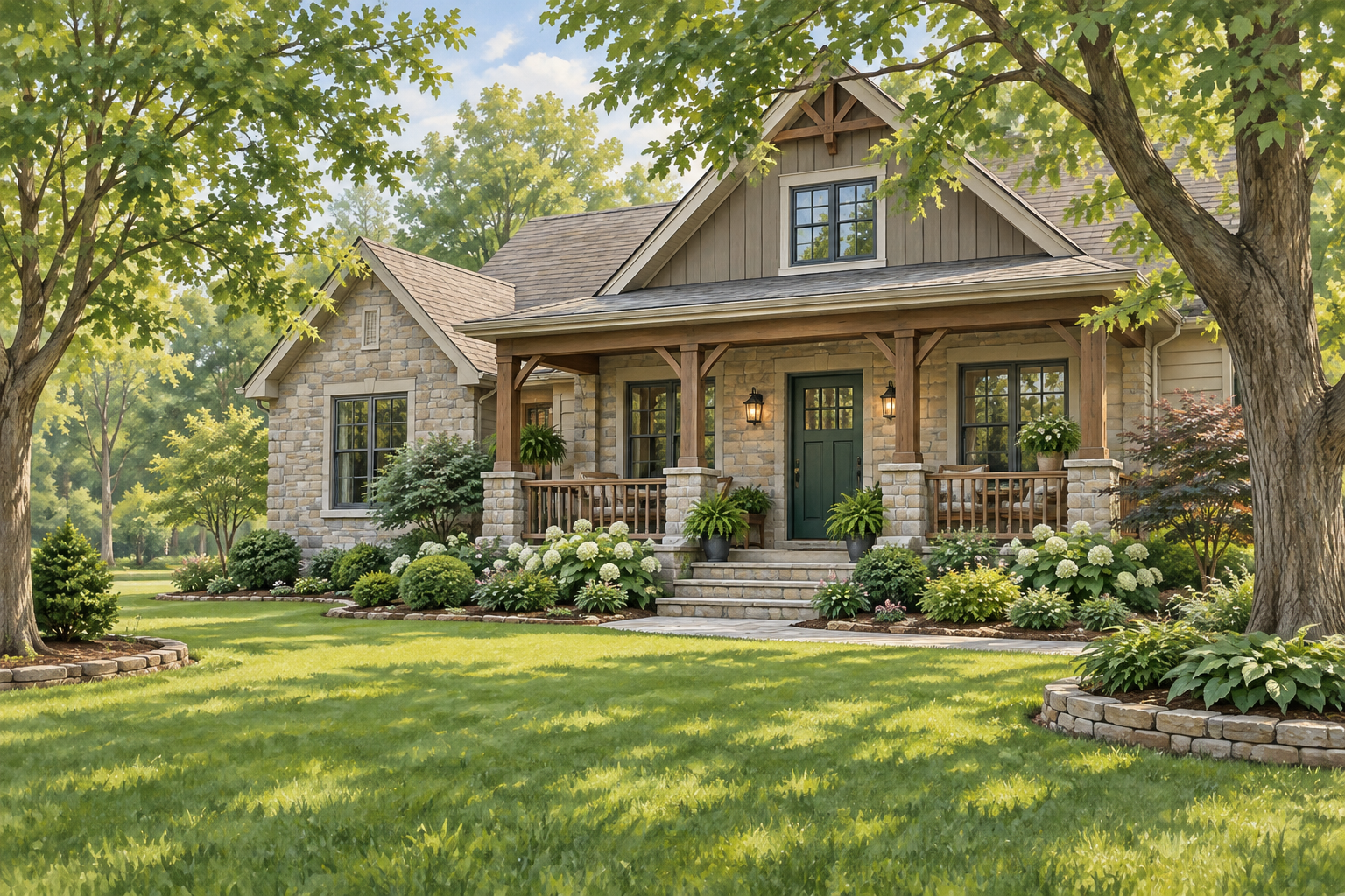 Illustration of a stone-and-wood home with a welcoming porch; not a customer property photograph.