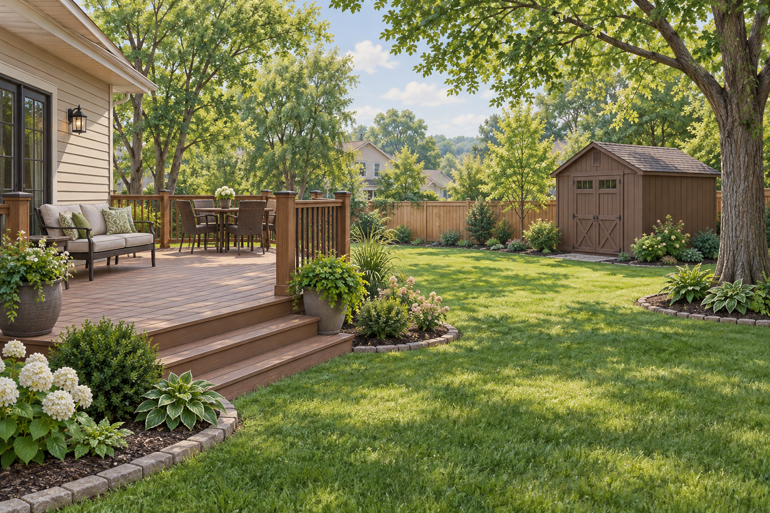 Illustration of a backyard with a wooden deck and brown garden shed; not a customer property photograph.