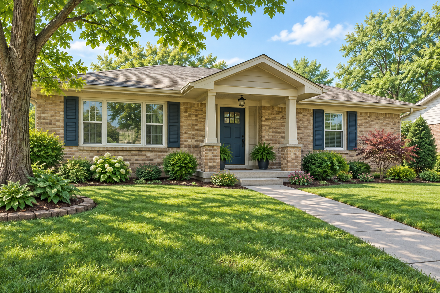Illustrative tan brick home with a covered entrance and concrete walkway; not a customer property photograph.