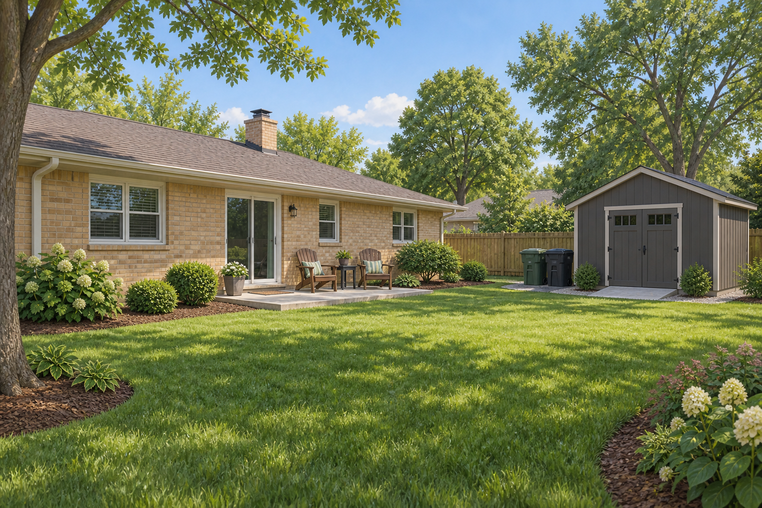 Illustrative brick-home backyard with patio chairs, a storage shed and closed bins; not a customer property photograph.