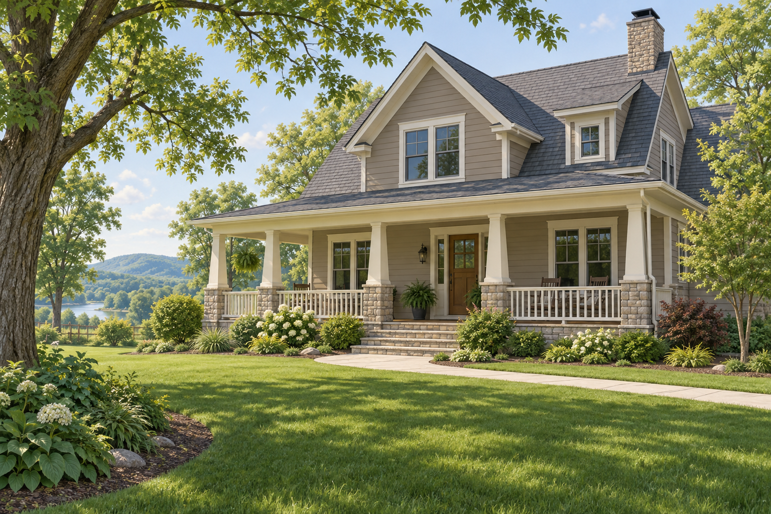 Illustrative taupe home with a broad veranda, cream railings and slate-colored roof; not a customer property photograph.