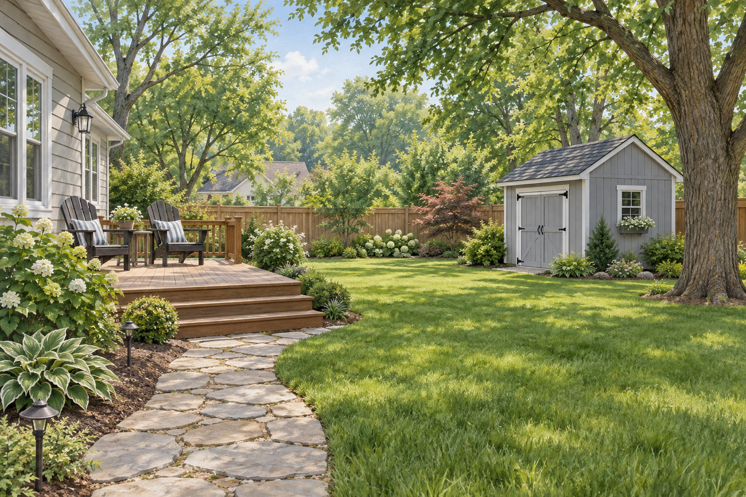 Illustrative backyard with a stone path, small wooden deck, two chairs and gray shed; not a customer property photograph.