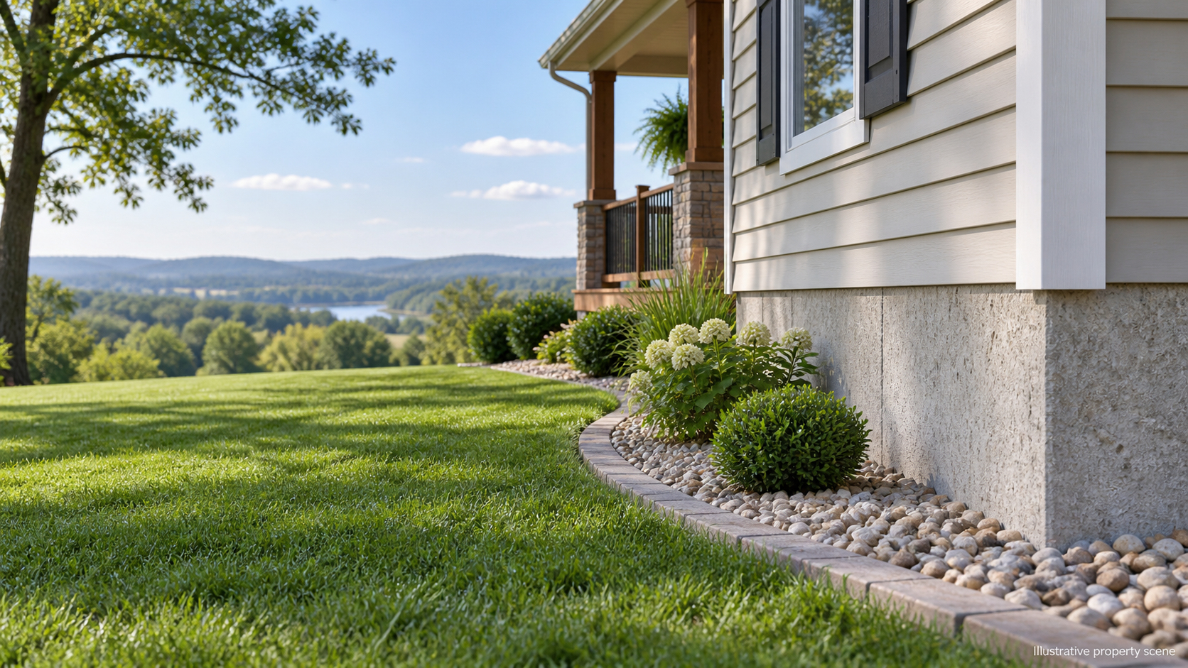 Illustrative home exterior and exposed foundation; not a customer property photograph.