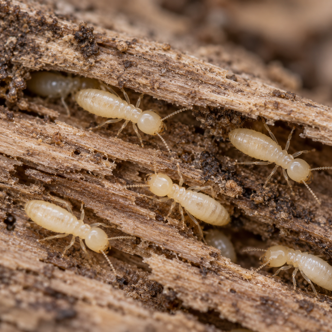Illustration of subterranean worker termites in damaged wood Illustration of subterranean worker termites in damaged wood