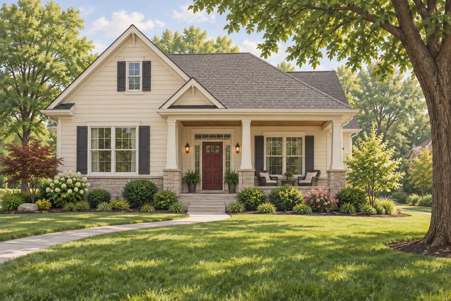 Illustration of an ivory home with a covered porch and mature trees; not a customer property photograph.