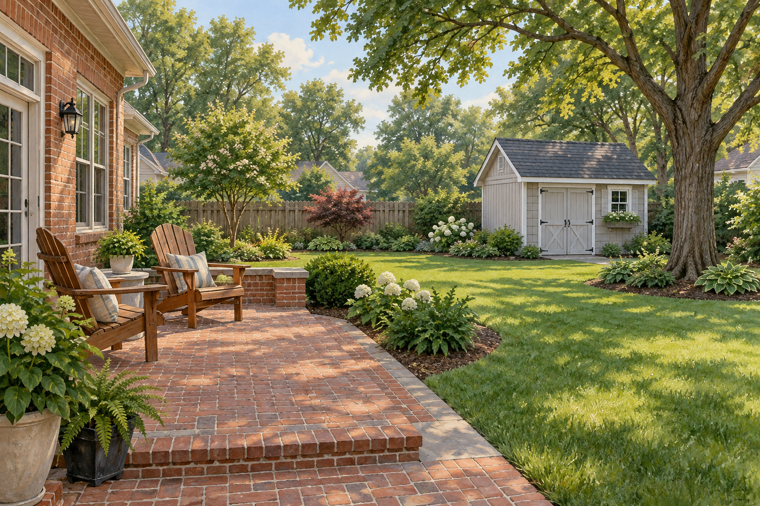 Illustration of a backyard with a brick patio and pale shed; not a customer property photograph.