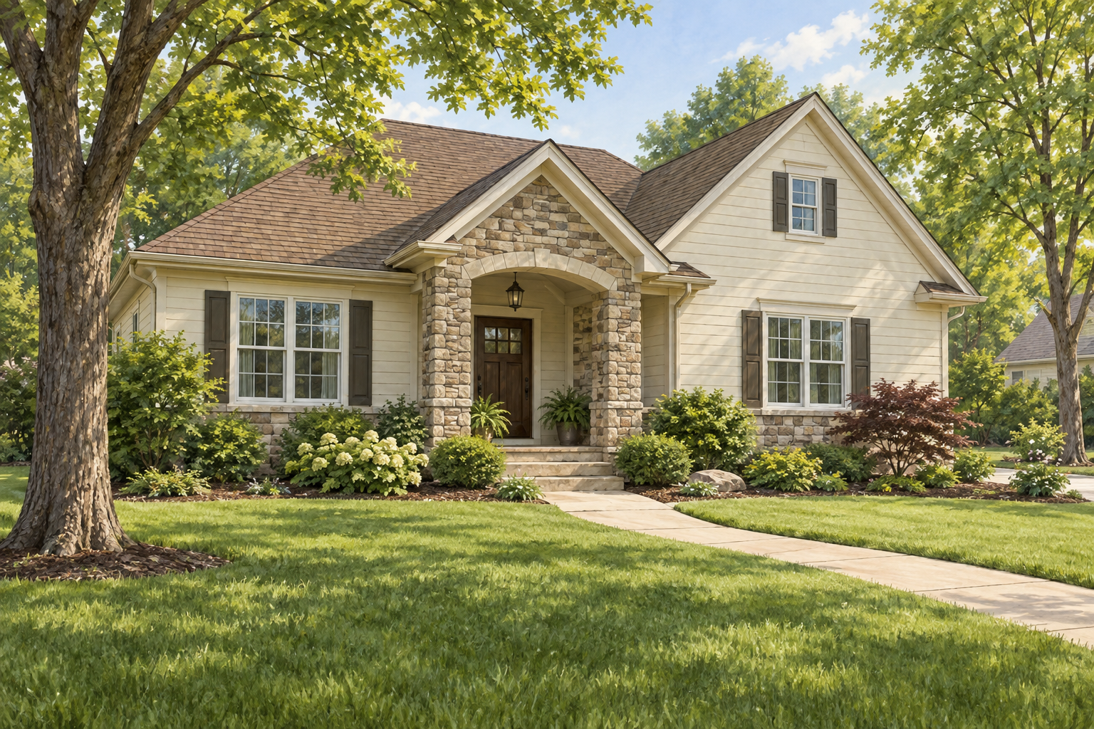 Illustrative cream home with a stone-faced entry and paved walkway; not a customer property photograph.