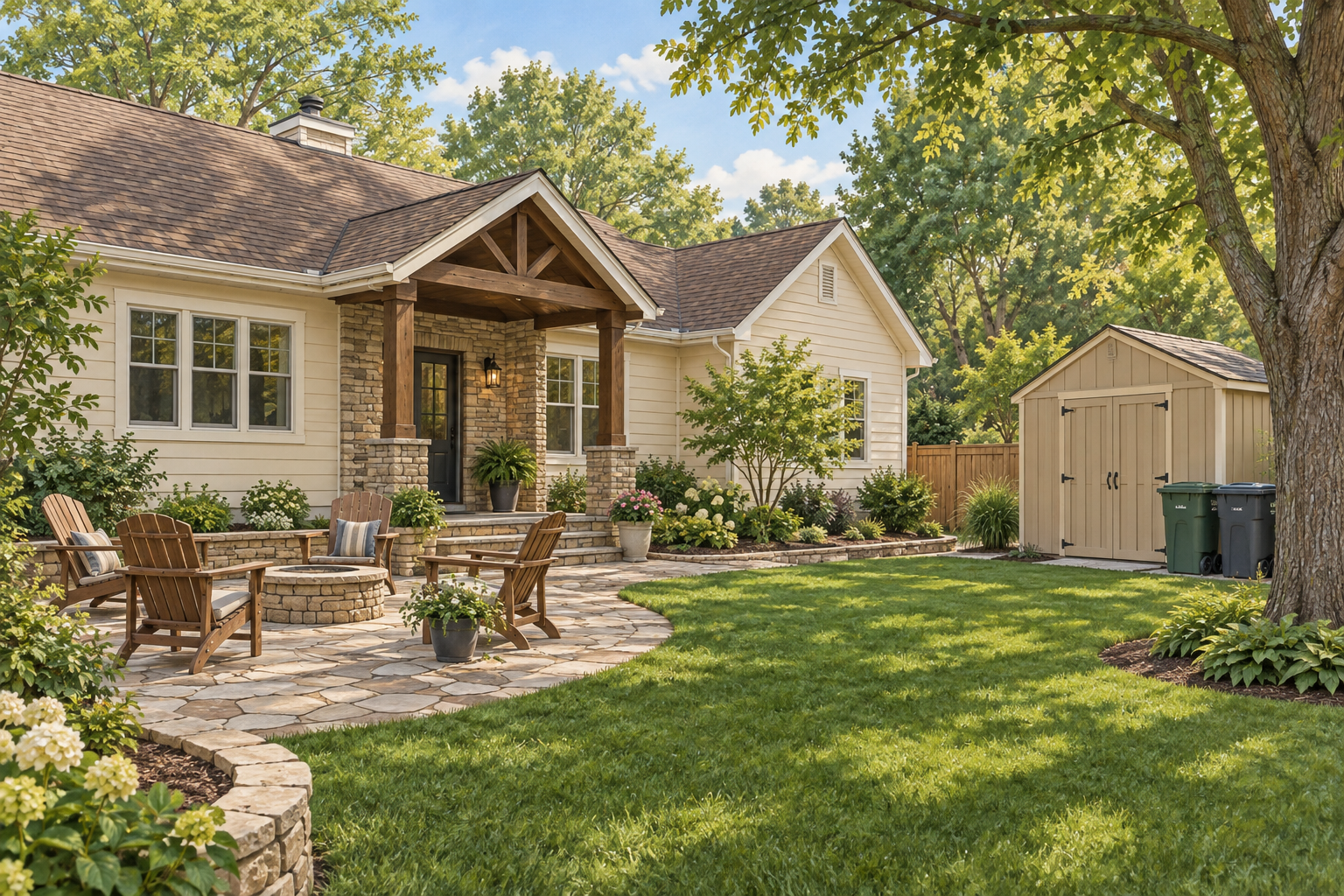 Illustrative backyard with stone patio, wooden chairs and tan storage shed; not a customer property photograph.