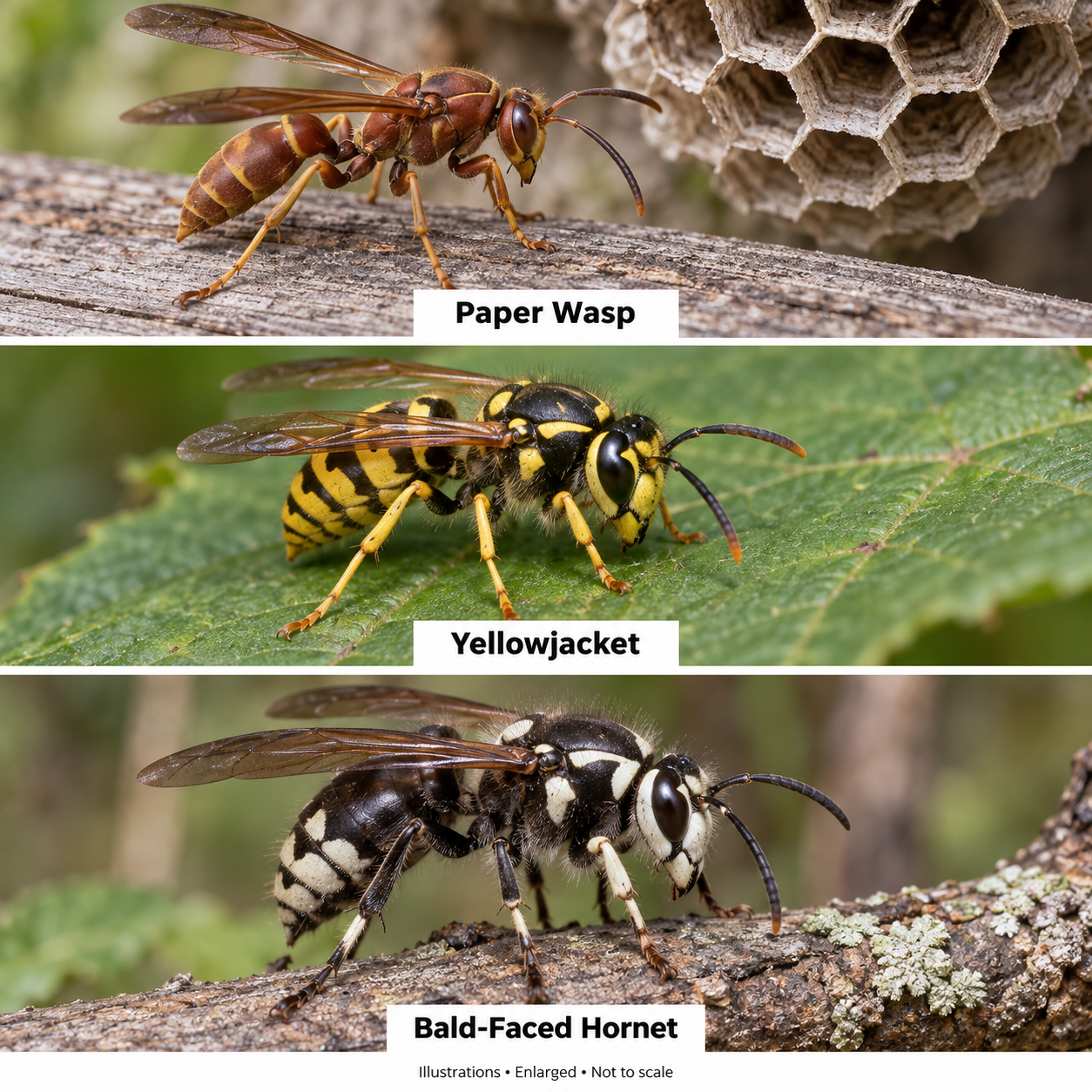 Illustrations of a paper wasp, yellowjacket, and bald-faced hornet; enlarged and not to scale
