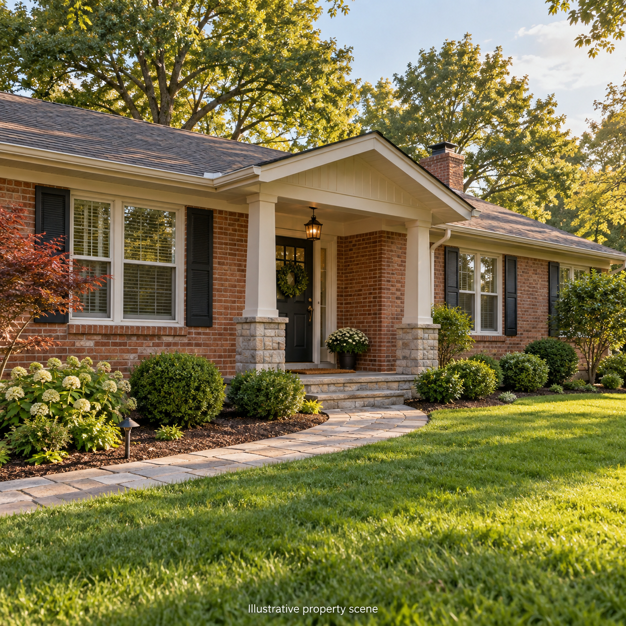 Illustrative brick home with a covered entry and landscaped stone walkway; not a customer property photograph. Illustrative brick home with a covered entry and landscaped stone walkway; not a customer property photograph.