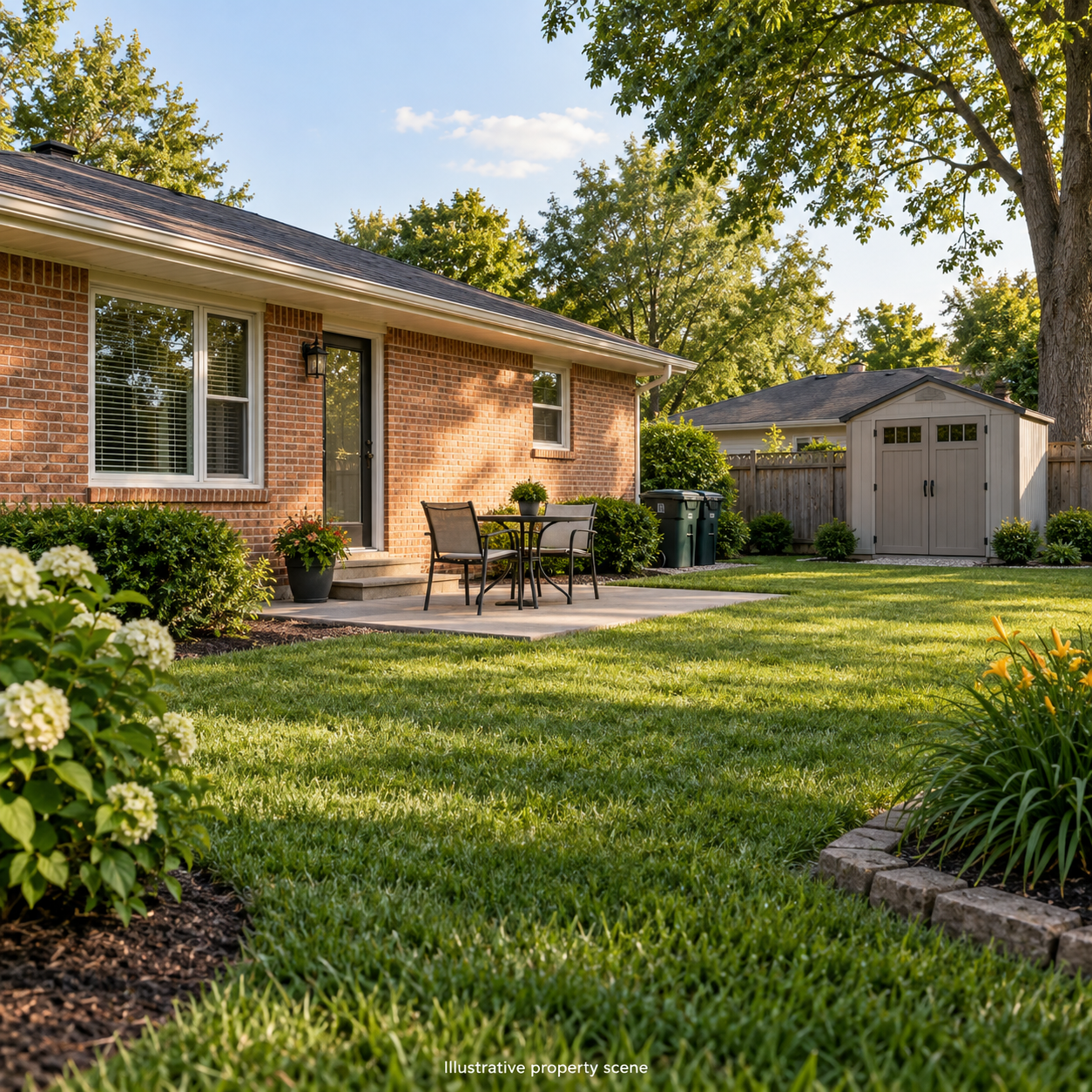Illustrative brick-home backyard with a patio, storage shed, and closed trash bins; not a customer property photograph. Illustrative brick-home backyard with a patio, storage shed, and closed trash bins; not a customer property photograph.