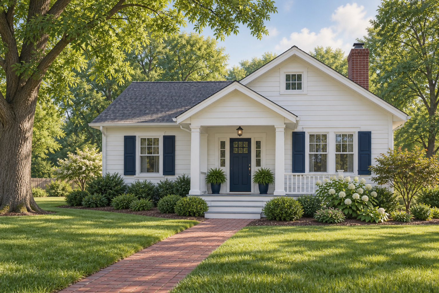 Illustrative white bungalow with navy shutters, a porch and brick walkway; not a customer property photograph.
