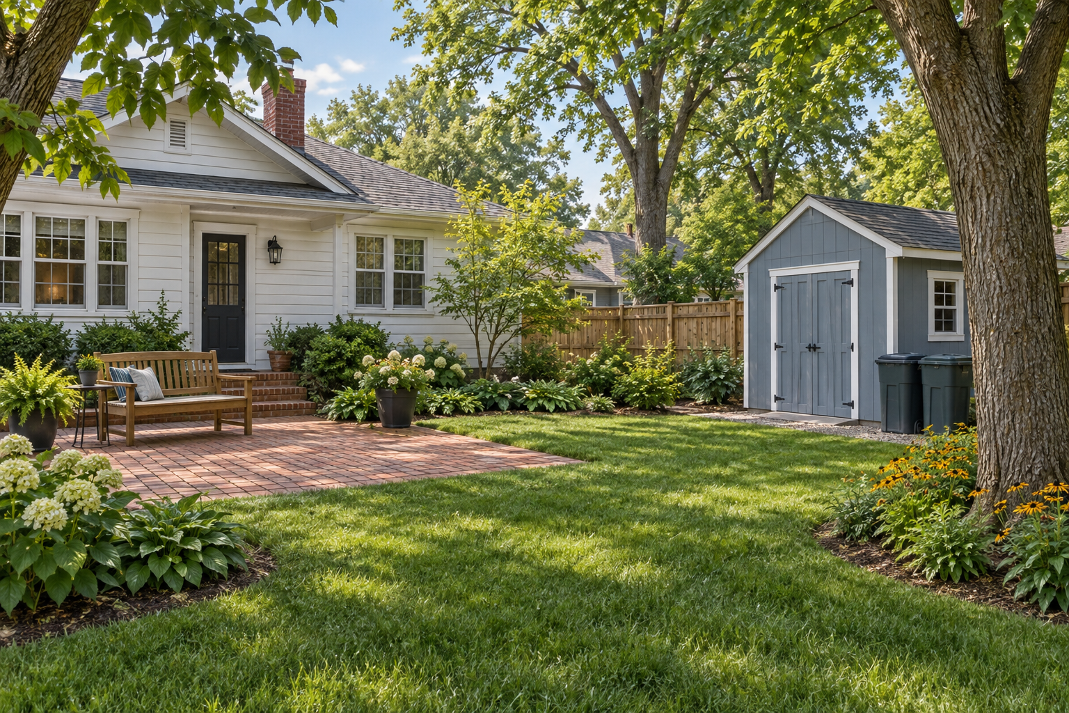 Illustrative bungalow backyard with a brick patio, wooden bench and storage shed; not a customer property photograph.
