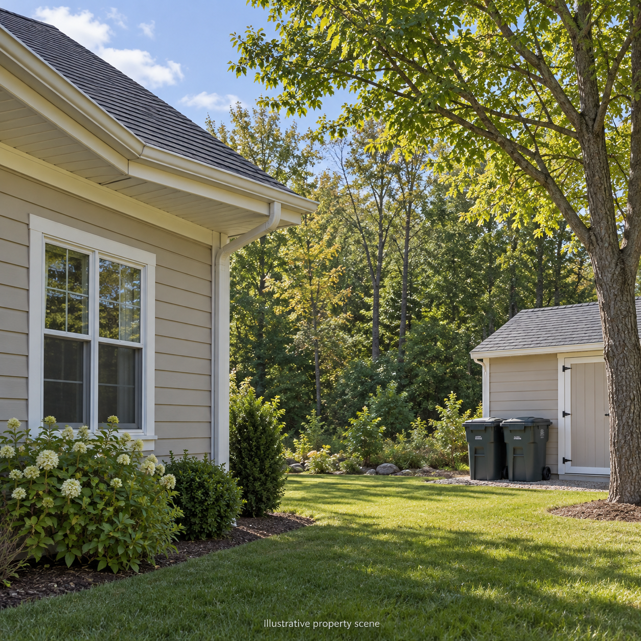 Illustrative maintained home with closed trash bins and a tree separated from the roof; not a customer property photograph.