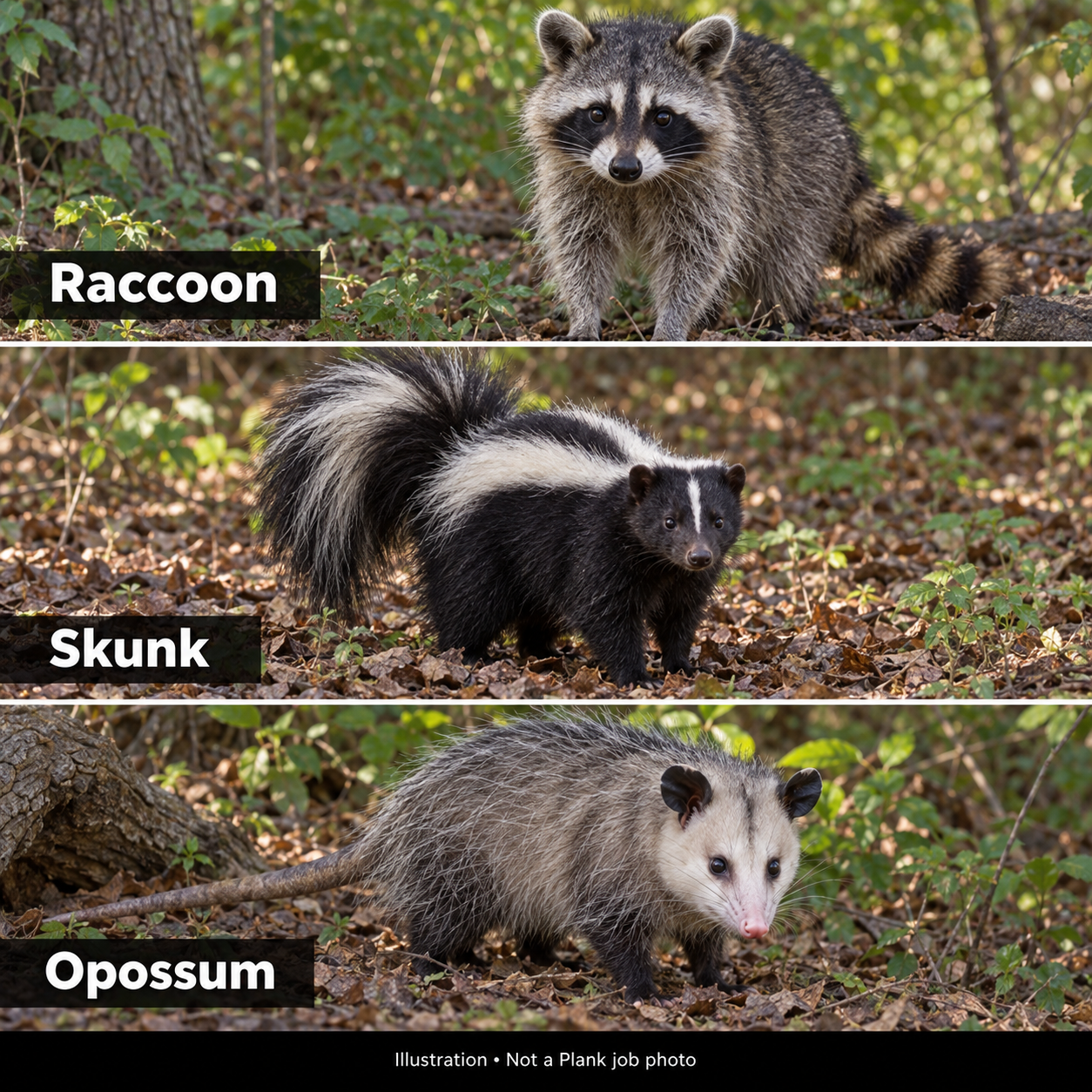 Illustration of a raccoon, striped skunk, and opossum; not a Plank job photograph. Illustration of a raccoon, striped skunk, and opossum; not a Plank job photograph.