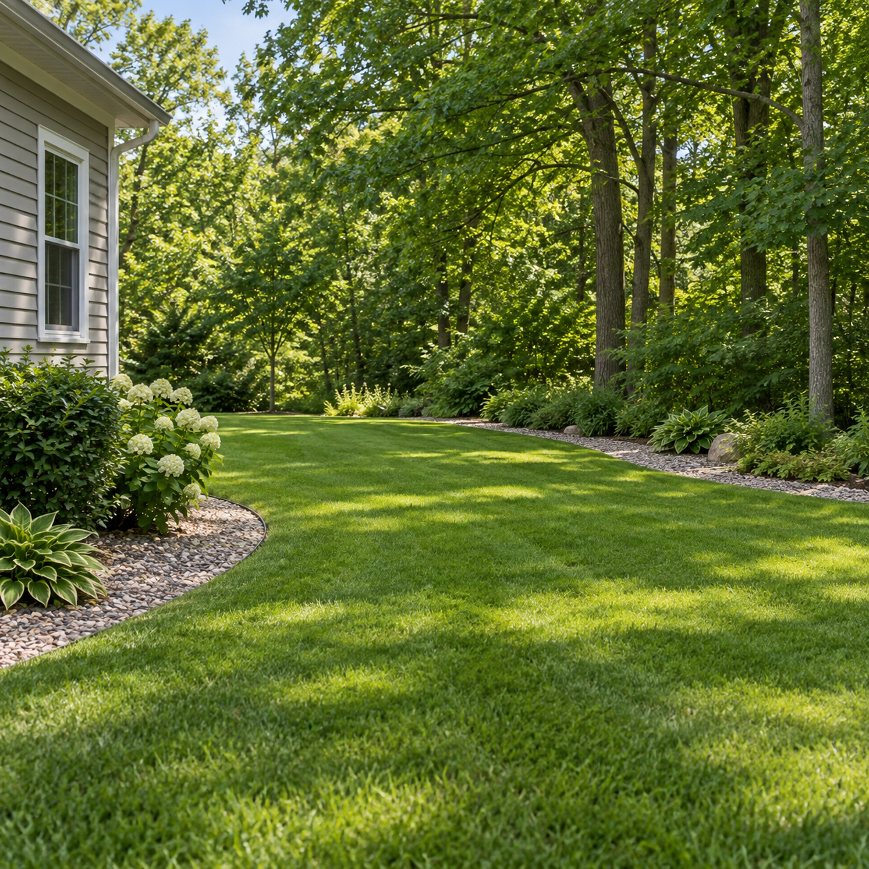 Illustrative maintained lawn beside a home with a gravel border and wooded edge Illustrative maintained lawn beside a home with a gravel border and wooded edge