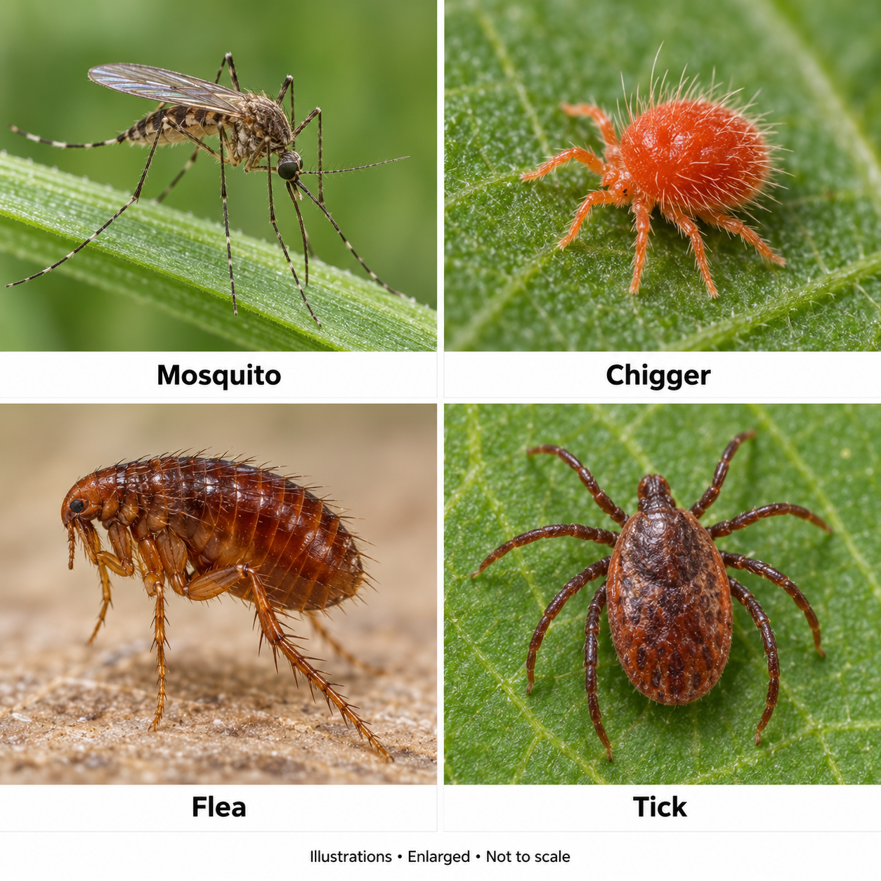 Labeled illustrations of a mosquito, chigger, flea, and tick; enlarged and not to scale Labeled illustrations of a mosquito, chigger, flea, and tick; enlarged and not to scale